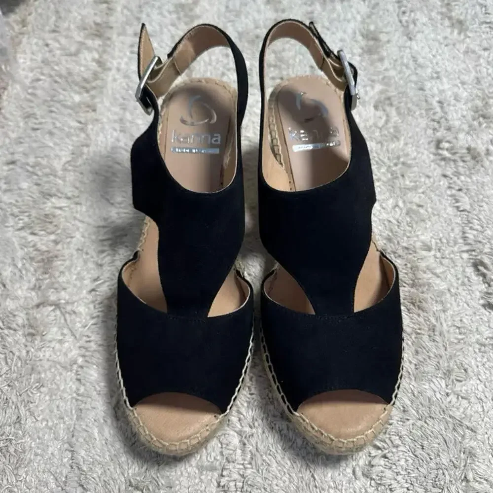 Kanna Ania Ante Black Suede Espadrille Slingback Peep Toe Wedge Sandal Size 39